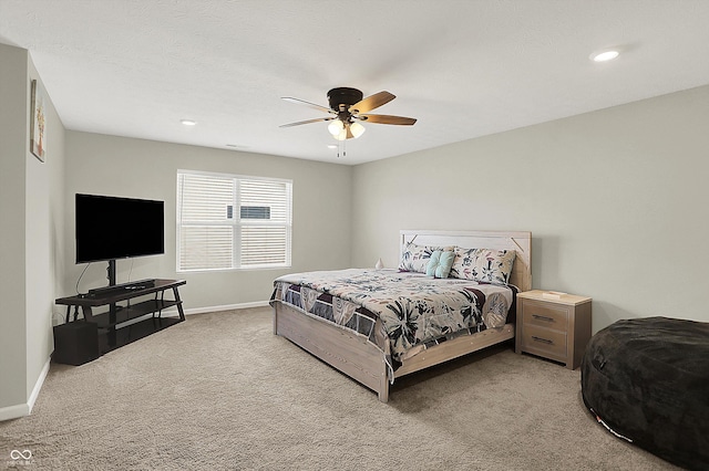 bedroom with carpet floors, baseboards, a ceiling fan, and recessed lighting