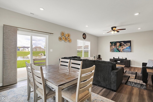 dining room featuring ceiling fan, recessed lighting, visible vents, and dark wood-type flooring