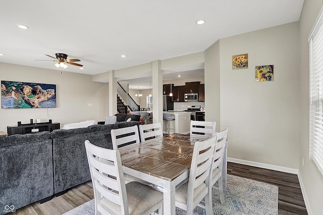 dining area with stairway, recessed lighting, a ceiling fan, and light wood-style floors