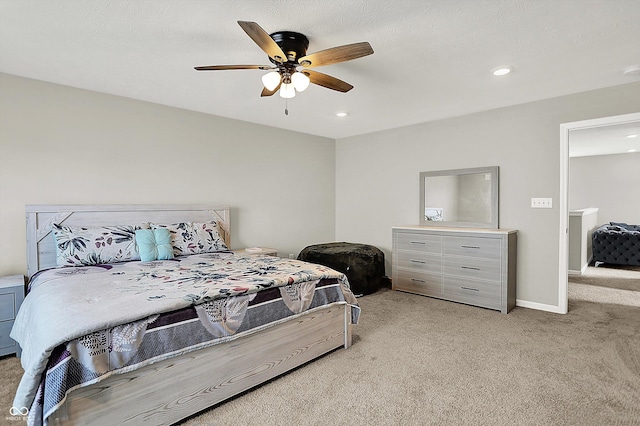 bedroom with light carpet, baseboards, ceiling fan, and recessed lighting