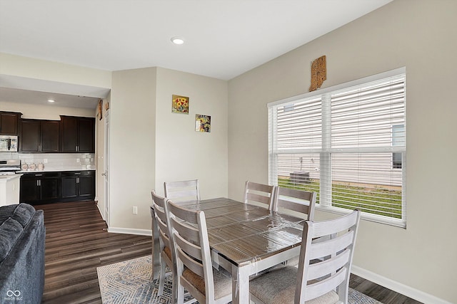 dining area featuring dark wood finished floors, baseboards, and recessed lighting