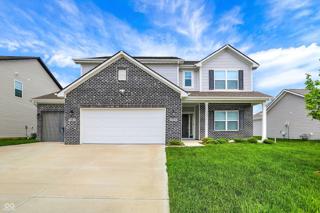 traditional-style house with concrete driveway, a front lawn, brick siding, and a garage
