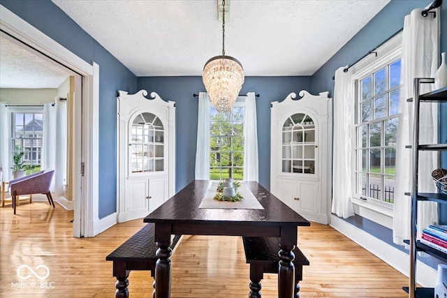 925 S State Ave, Indianapolis, IN 46203 - dining area with a textured ceiling, a chandelier, light wood finished floors, baseboards, and plenty of natural light