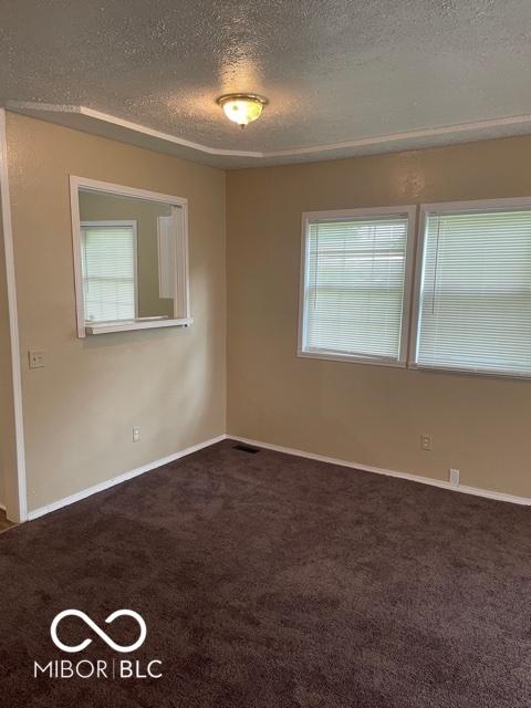 spare room featuring a textured ceiling, baseboards, dark colored carpet, and plenty of natural light