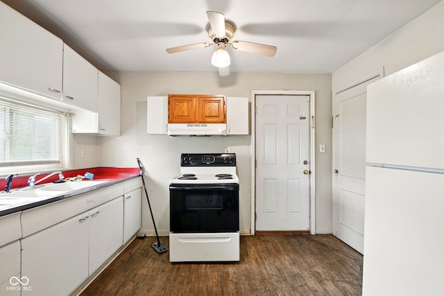1235 N Grant Ave, Indianapolis, IN 46201 - kitchen with freestanding refrigerator, range with electric stovetop, under cabinet range hood, and dark wood-style flooring