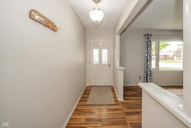 foyer with baseboards and wood finished floors