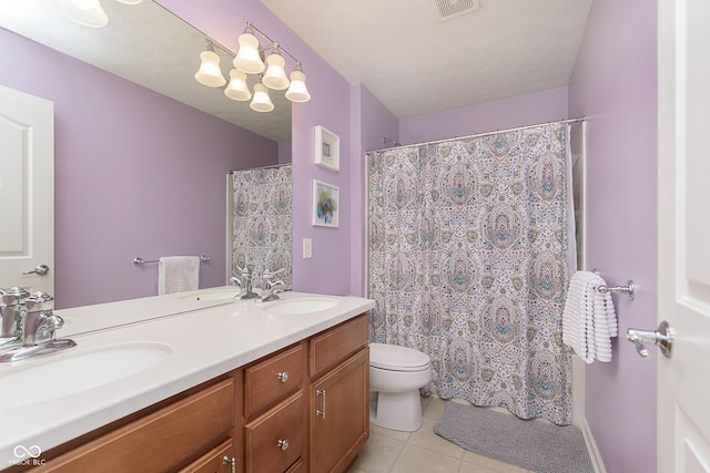 6839 Powder Dr, Indianapolis, IN 46259 - bathroom with tile patterned flooring, toilet, double vanity, and curtained shower