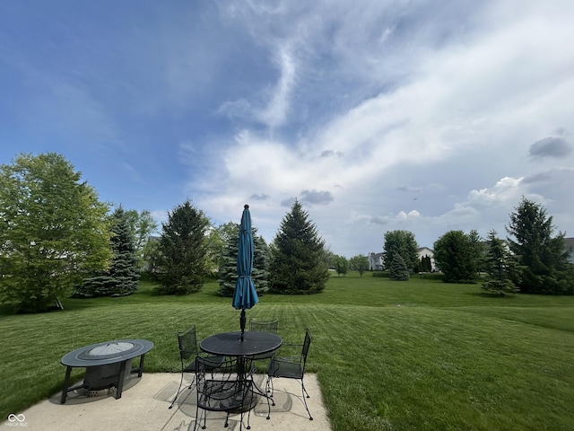 6839 Powder Dr, Indianapolis, IN 46259 - view of grassy yard with a patio area and an outdoor fire pit