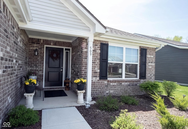 509 Tulip Tree Dr, Lapel, IN 46051 - doorway to property featuring brick siding, roof with shingles, and a porch