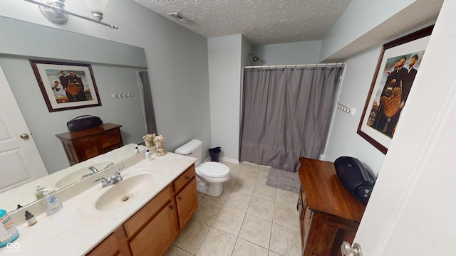 18247 Kinder Oak Dr, Noblesville, IN 46062 - full bathroom featuring a textured ceiling, vanity, tile patterned floors, toilet, and a shower with shower curtain