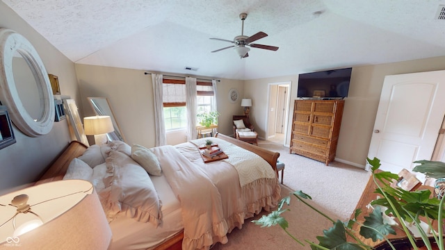 18247 Kinder Oak Dr, Noblesville, IN 46062 - bedroom with lofted ceiling, light carpet, a textured ceiling, baseboards, and ceiling fan