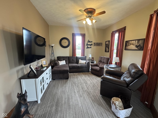 living room featuring carpet floors, ceiling fan, and a textured ceiling