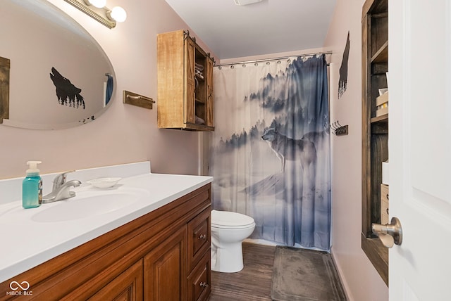 full bathroom with vanity, toilet, a shower with shower curtain, and wood finished floors