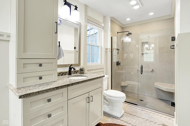 6505 Miramar Ct, Indianapolis, IN 46250 - bathroom featuring toilet, a shower stall, vanity, and tile patterned flooring