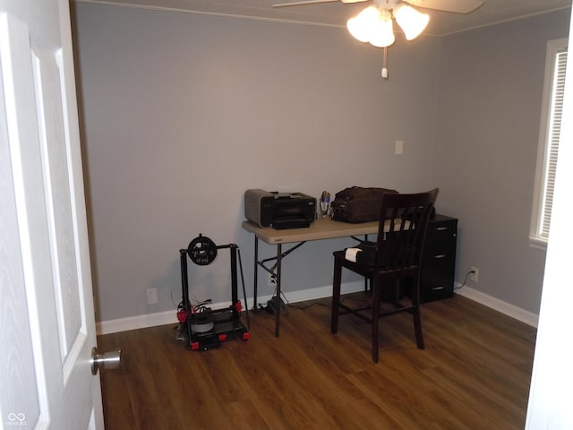 office area with ceiling fan, baseboards, and wood finished floors