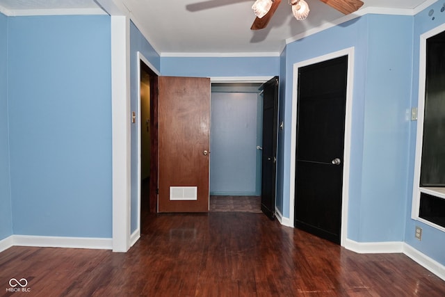 7228 Kimberly Ln, Plainfield, IN 46168 - unfurnished bedroom featuring wood finished floors, baseboards, crown molding, a closet, and a ceiling fan