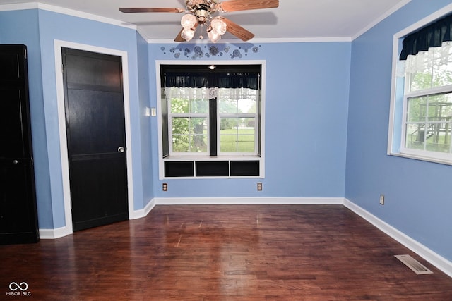 7228 Kimberly Ln, Plainfield, IN 46168 - unfurnished room with wood finished floors, a ceiling fan, ornamental molding, and baseboards