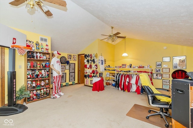 8111 Timberwood Dr, Plainfield, IN 46168 - office featuring ceiling fan, vaulted ceiling, and carpet