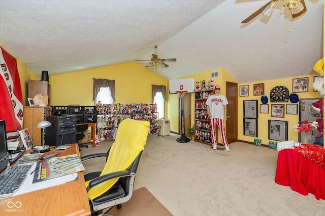 8111 Timberwood Dr, Plainfield, IN 46168 - carpeted home office with ceiling fan, lofted ceiling, baseboards, and a textured ceiling