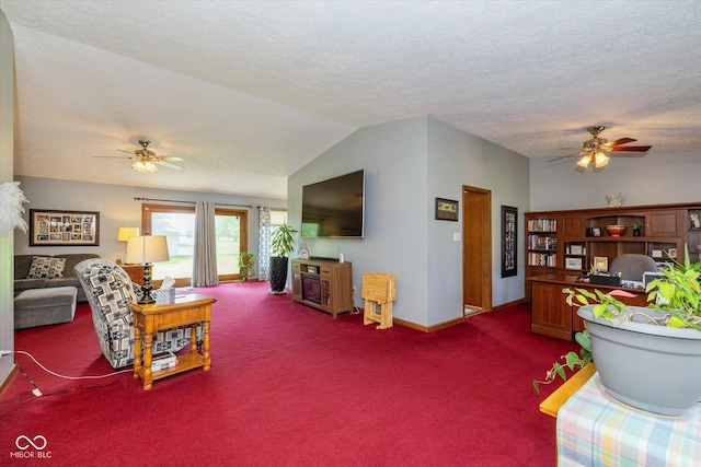 8111 Timberwood Dr, Plainfield, IN 46168 - carpeted living room with a ceiling fan, vaulted ceiling, baseboards, and a textured ceiling