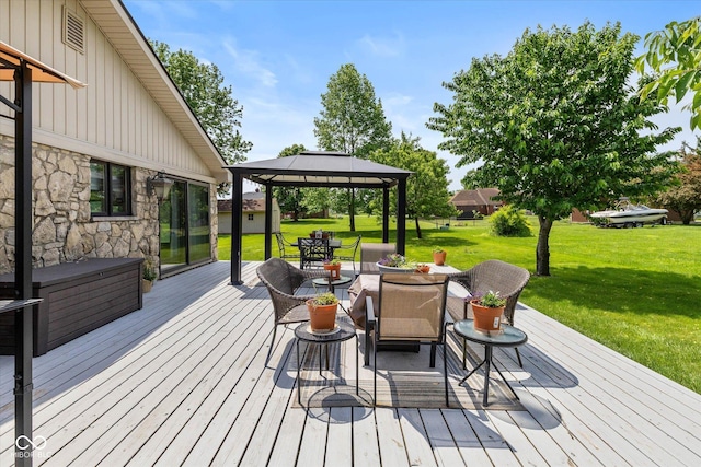 8111 Timberwood Dr, Plainfield, IN 46168 - wooden deck with a gazebo, a lawn, and outdoor dining area