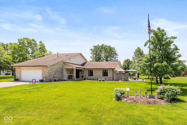 8111 Timberwood Dr, Plainfield, IN 46168 - view of front of home featuring stone siding, a garage, a front lawn, and concrete driveway