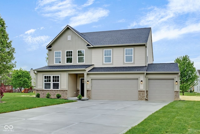 craftsman inspired home with driveway, brick siding, an attached garage, a front yard, and roof with shingles