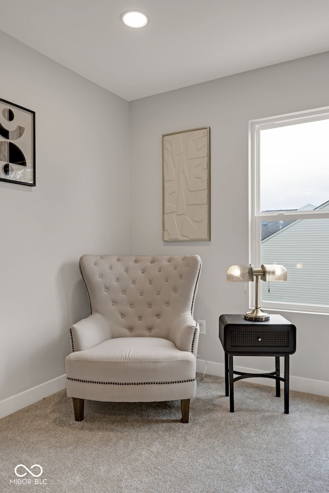 living area featuring carpet and baseboards