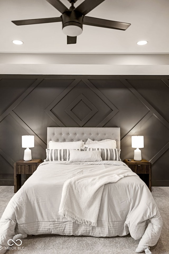 bedroom with recessed lighting, a ceiling fan, and carpet floors