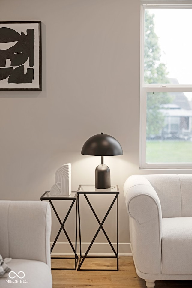 living area featuring baseboards and wood finished floors