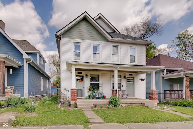craftsman-style home featuring a porch and a front lawn
