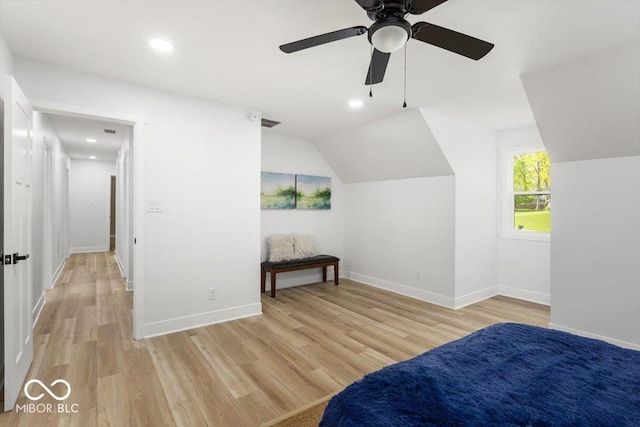 6682 English Dr, Avon, IN 46123 - bedroom with light wood finished floors, lofted ceiling, baseboards, recessed lighting, and a ceiling fan