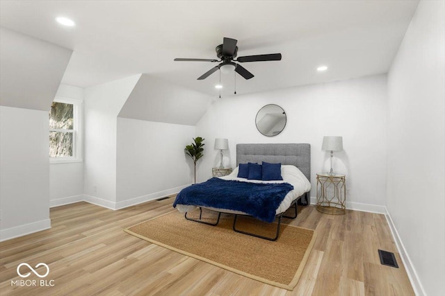 6682 English Dr, Avon, IN 46123 - bedroom with wood finished floors, baseboards, recessed lighting, lofted ceiling, and ceiling fan