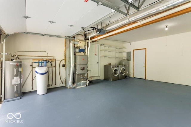 6682 English Dr, Avon, IN 46123 - garage with washing machine and dryer, electric water heater, electric panel, a garage door opener, and heating unit