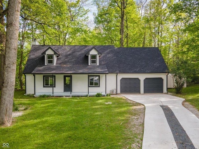 6682 English Dr, Avon, IN 46123 - cape cod house featuring a garage, covered porch, a front lawn, driveway, and a chimney