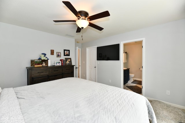 bedroom featuring baseboards, visible vents, ceiling fan, connected bathroom, and carpet floors