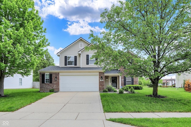 traditional-style house featuring concrete driveway, a front yard, brick siding, and an attached garage