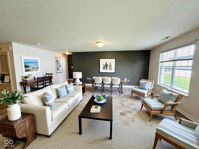 5313 Brandywine Dr, Whitestown, IN 46075 - living room with light carpet, baseboards, and a textured ceiling