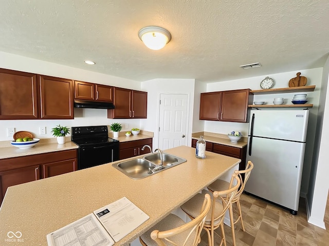 5313 Brandywine Dr, Whitestown, IN 46075 - kitchen with black electric range oven, freestanding refrigerator, a sink, open shelves, and light countertops
