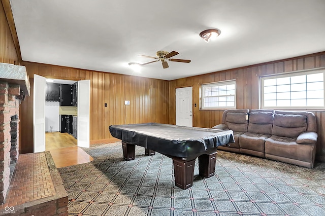 3975 Denwood Dr, Indianapolis, IN 46226 - recreation room featuring ceiling fan, wooden walls, and pool table