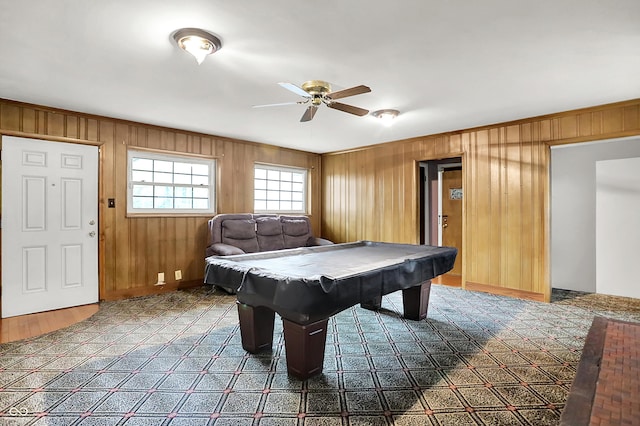 3975 Denwood Dr, Indianapolis, IN 46226 - recreation room with ceiling fan, wood walls, and billiards