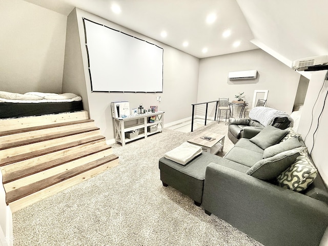 14035 Stone Key Way, Fishers, IN 46037 - home theater with a wall mounted AC, carpet, recessed lighting, baseboards, and lofted ceiling