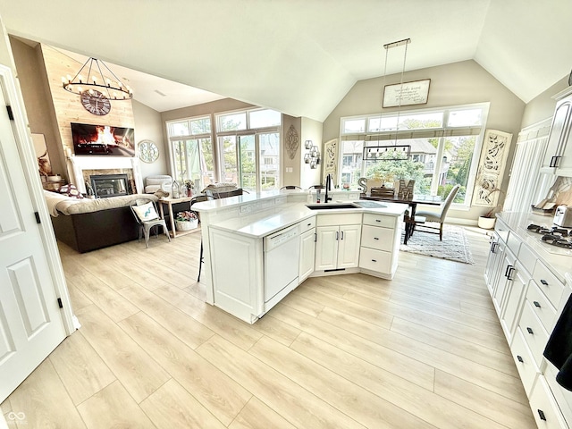 14035 Stone Key Way, Fishers, IN 46037 - kitchen with white appliances, a sink, a fireplace, open floor plan, and light countertops