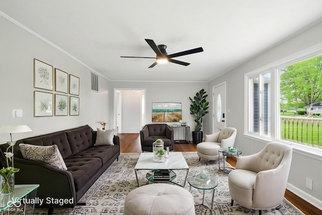 living room with wood finished floors, ceiling fan, radiator heating unit, crown molding, and baseboards