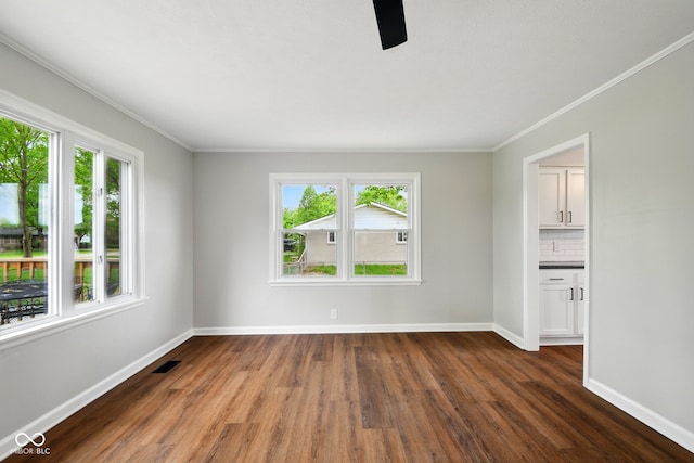 spare room with plenty of natural light, baseboards, dark wood finished floors, and ornamental molding