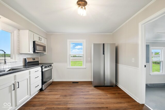 kitchen featuring stainless steel appliances, a sink, wainscoting, dark countertops, and dark wood finished floors