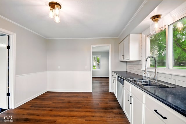 kitchen featuring a sink, dark wood-style flooring, decorative backsplash, a wainscoted wall, and stainless steel dishwasher