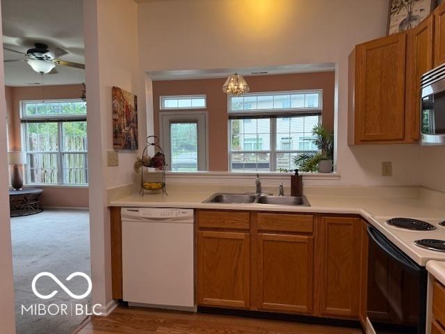 8002 Windham Lake Way Unit 33, Indianapolis, IN 46214 - kitchen featuring white dishwasher, a sink, electric range oven, and light countertops