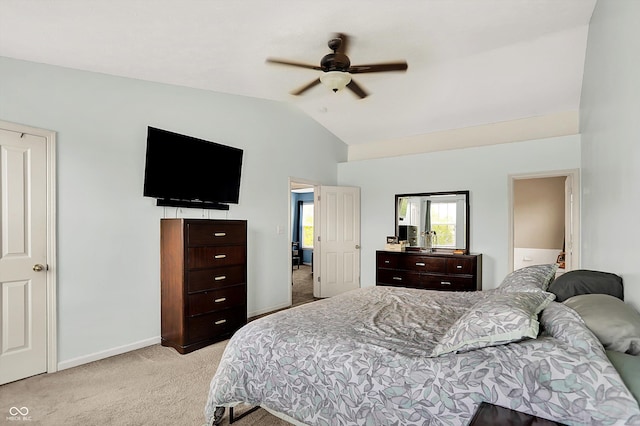 6624 Lakestone Ct, Indianapolis, IN 46237 - bedroom featuring light colored carpet, vaulted ceiling, baseboards, and ceiling fan