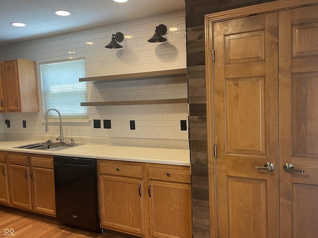8234 Crosser Dr, Indianapolis, IN 46237 - kitchen featuring a sink, open shelves, dishwasher, light wood-style flooring, and backsplash